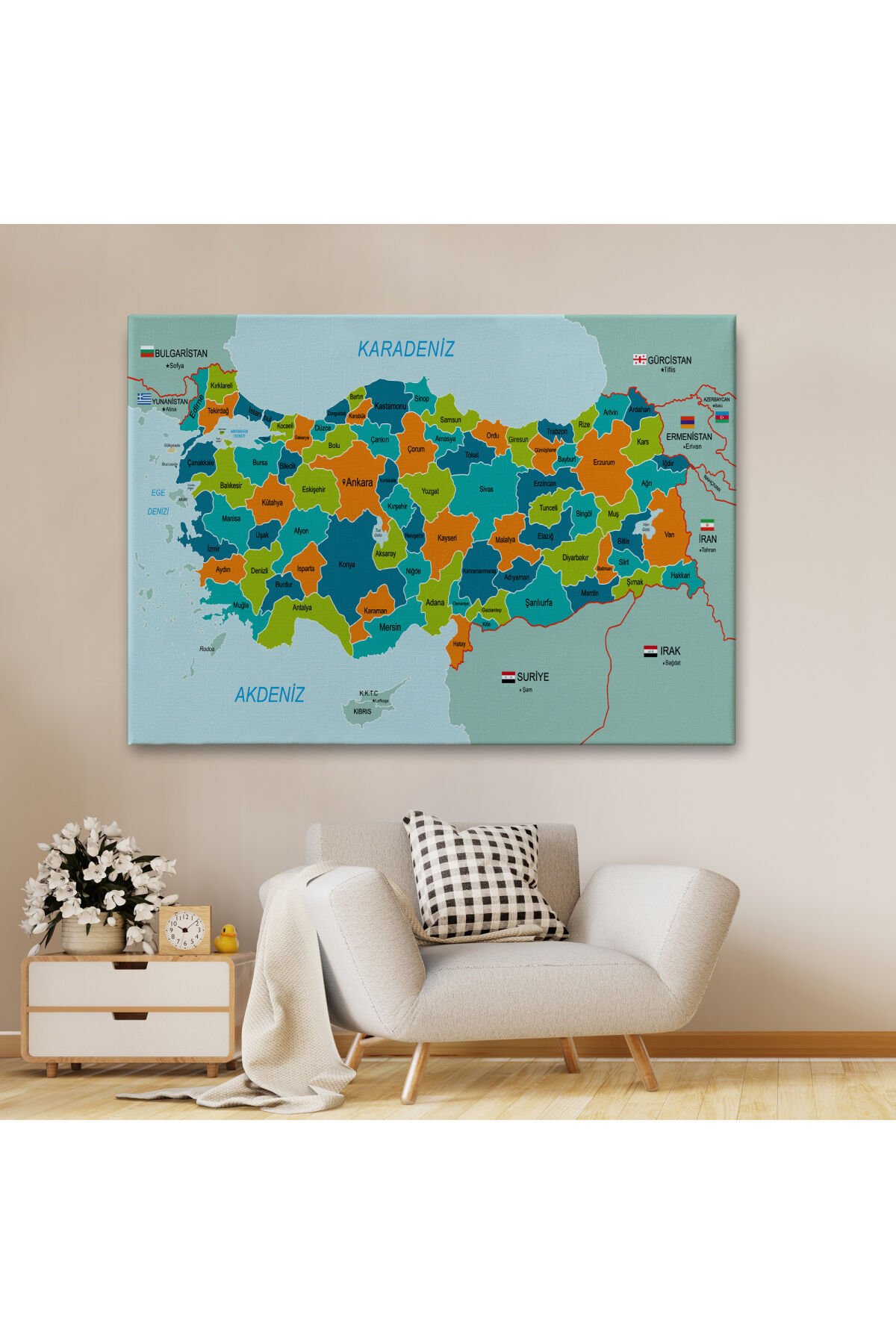 Türkiye Haritası Kanvas Tablo Sınır Komşulu Eğitici Dekoratif Tablo 3099
