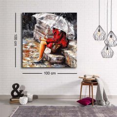 Dekoratif Baskı illüstrasyon Woman with an umbrella in the rain Kanvas Tablo