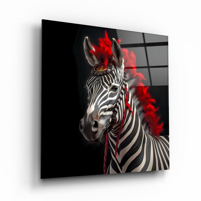 Kırmızı Saçlı Zebra Cam Tablo Özel Tasarım Ofis, Mutfak Çocuk Odası, Salon Dekorasyon