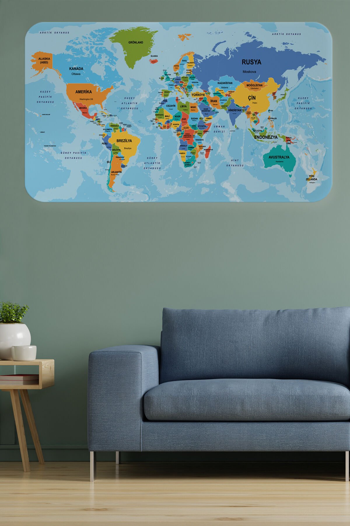 Türkçe Eğitici Ülke ve Başkent Detaylı Atlası Dünya Haritası Duvar Sticker -60x105-3831