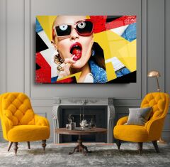 Pop Art Kadın Cam Tablo Özel Tasarım Ofis, Mutfak Çocuk Odası, Salon Dekorasyon