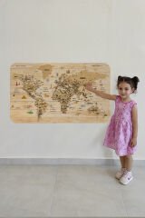 Ahşap Görünümlü Türkçe Eğitici Detaylı Atlası Dünya Haritası Duvar Sticker -60x105-3843