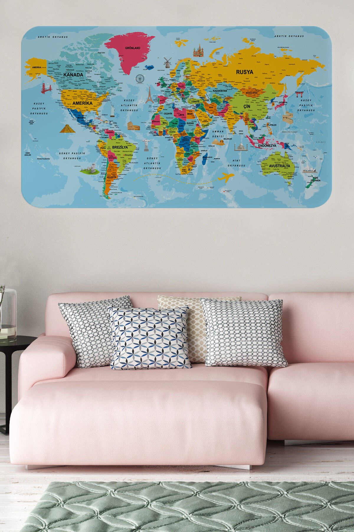 Türkçe Eğitici Ülke ve Başkent Okyanus Detaylı Atlası  Dünya Haritası Duvar Sticker -60x105-3864