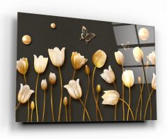 Gold Çiçekler Cam Tablo Özel Tasarım Ofis, Mutfak Çocuk Odası, Salon Dekorasyon