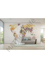 Dünya Haritası Duvar Kağıdı Pastel Tonlar İngilizce Eğitici Dünya Haritası-1031