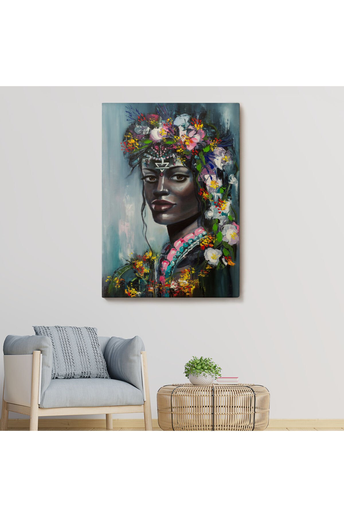 Çiçek Taçlı Afrikalı Kadın Kanvas Tablo-5979