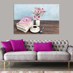 Dekoratif Baskı Kahve Kitap Çiçek Kanvas Tablo