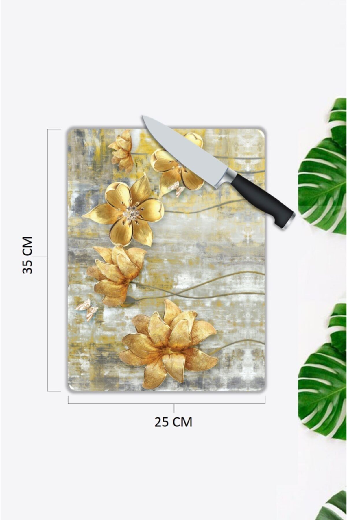 Gold Çiçekler | Cam Kesme Tahtası |  25 x 35 cm