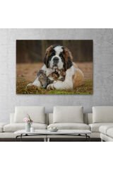 St. Bernard Köpek ve Yavru Kediler Dekoratif Kanvas Tablo 1124
