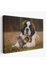 St. Bernard Köpek ve Yavru Kediler Dekoratif Kanvas Tablo 1124