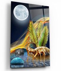 Gold Geyikler Cam Tablo Özel Tasarım Ofis, Mutfak Çocuk Odası, Salon Dekorasyon