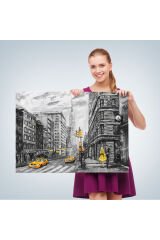 New York Sokakları Ve Sarı Taksi Yağlıboya Görünüm Tablo-3500