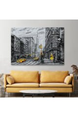 New York Sokakları Ve Sarı Taksi Yağlıboya Görünüm Tablo-3500