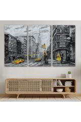 New York Sokakları Ve Sarı Taksi Yağlıboya Görünüm Tablo-3500