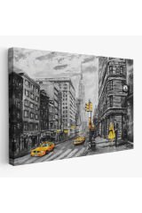 New York Sokakları Ve Sarı Taksi Yağlıboya Görünüm Tablo-3500