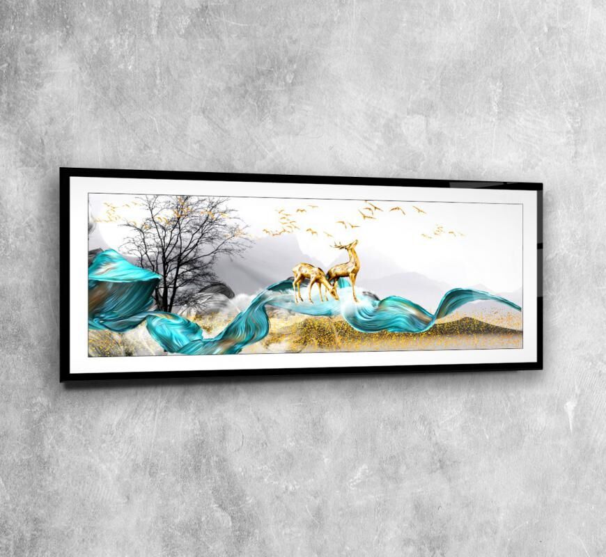 Gold Geyikler Panoramik Cam Tablo Özel Tasarım Ofis, Mutfak Çocuk Odası, Salon Dekorasyon