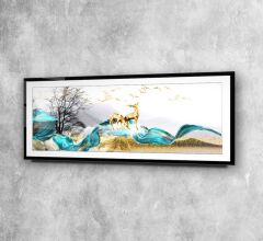 Gold Geyikler Panoramik Cam Tablo Özel Tasarım Ofis, Mutfak Çocuk Odası, Salon Dekorasyon