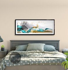 Gold Geyikler Panoramik Cam Tablo Özel Tasarım Ofis, Mutfak Çocuk Odası, Salon Dekorasyon