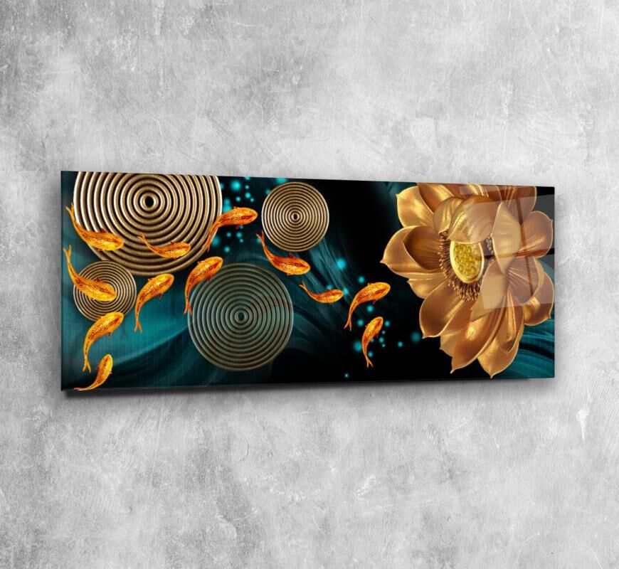 Gold Balıklar Panoramik Cam Tablo Özel Tasarım Ofis, Mutfak Çocuk Odası, Salon Dekorasyon