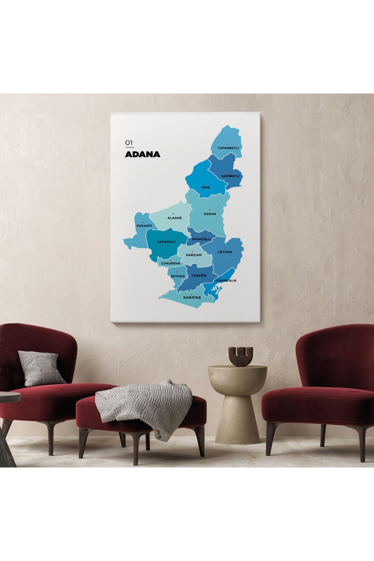 Adana İli ve İlçeler Haritası Dekoratif Kanvas Tablo 1247
