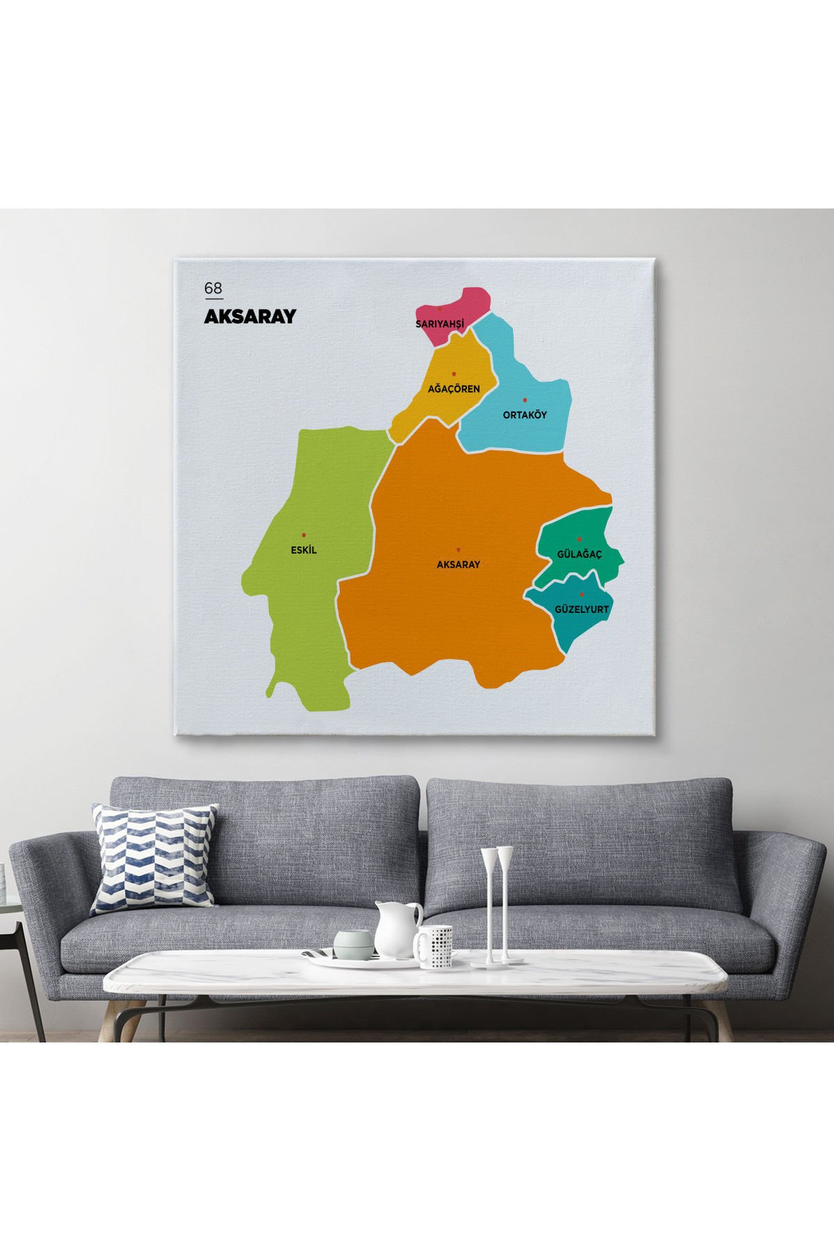 Aksaray İli ve İlçeler Haritası Dekoratif Kanvas Tablo 1260