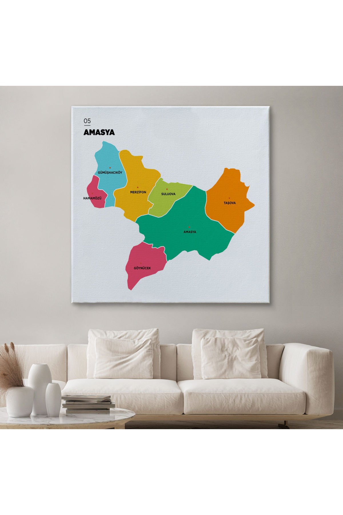 Amasya İli ve İlçeler Haritası Dekoratif Kanvas Tablo 1263