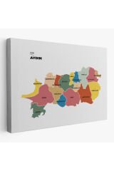 Aydın İli ve İlçeler Haritası Dekoratif Kanvas Tablo 1277