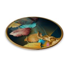 Gold Yapraklar Yuvarlak Cam Tablo | Hediyelik, Dekoratif, Ofis, Mutfak