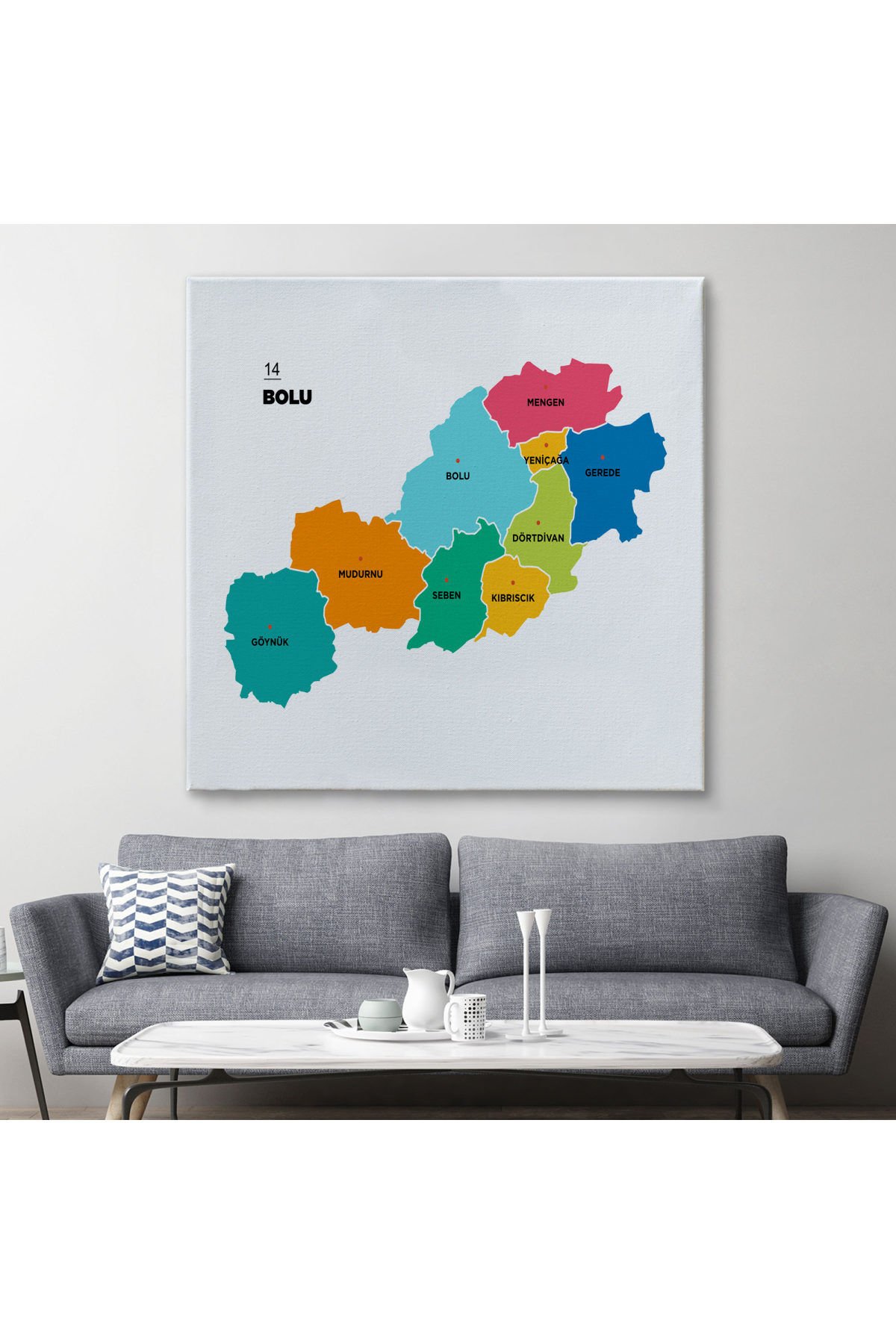 Bolu İli ve İlçeler Haritası Dekoratif Kanvas Tablo 1300