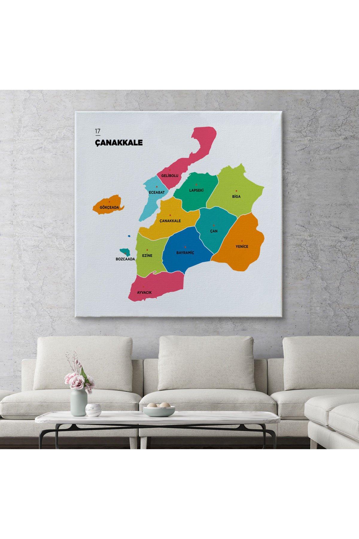 Çanakkale İli ve İlçeler Haritası Dekoratif Kanvas Tablo 1309