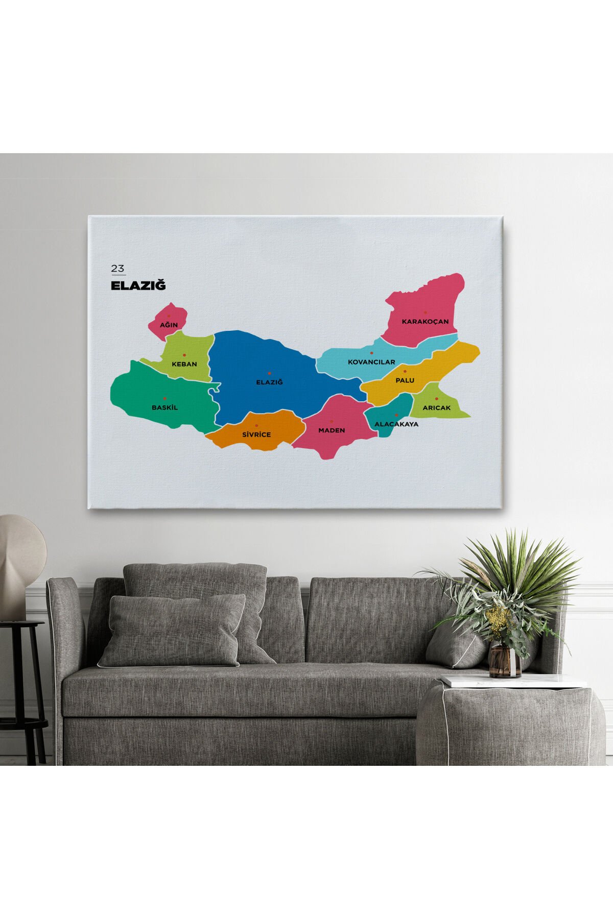 Elazığ İli ve İlçeler Haritası Dekoratif Kanvas Tablo 1330
