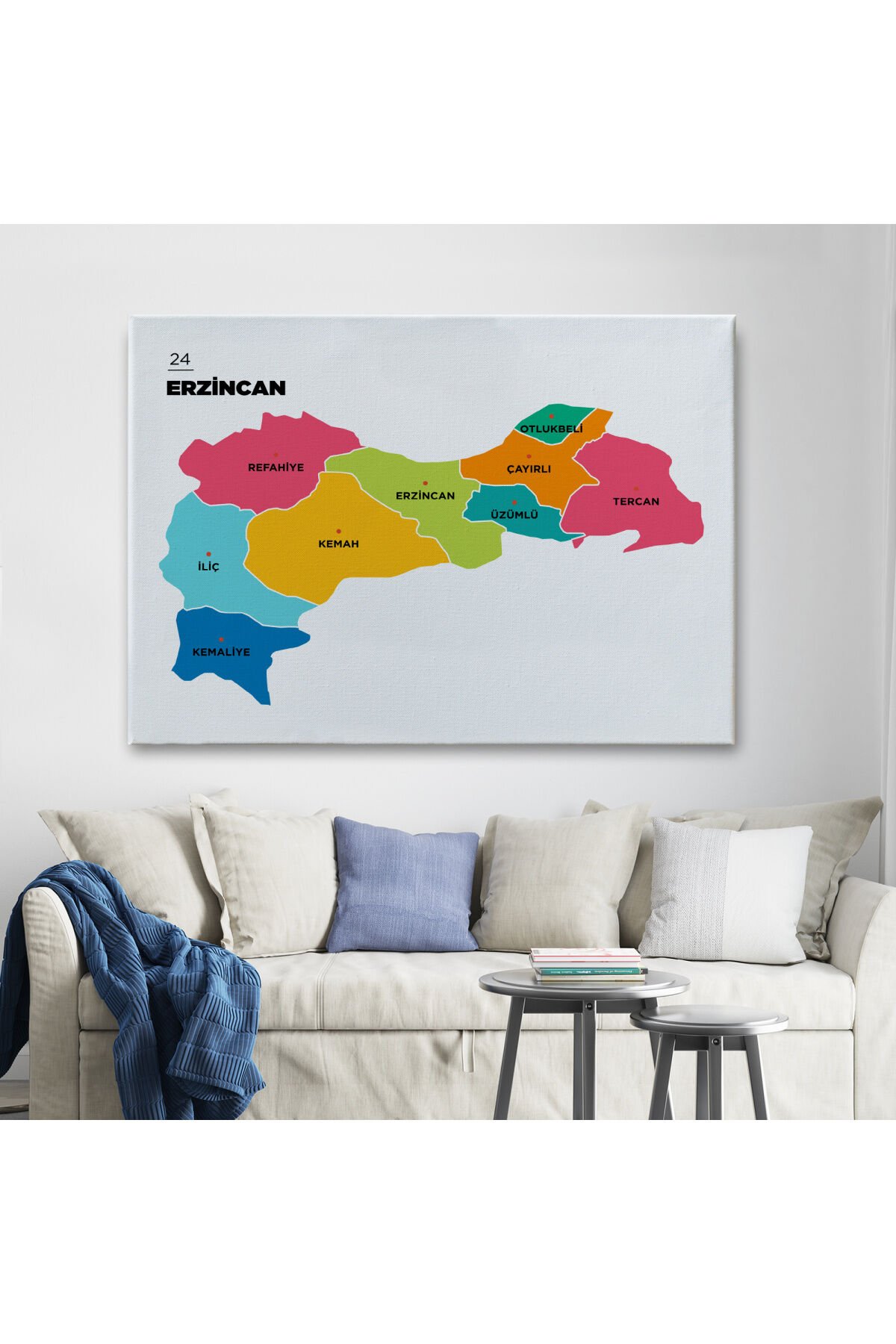 Erzincan İli ve İlçeler Haritası Dekoratif Kanvas Tablo 1333
