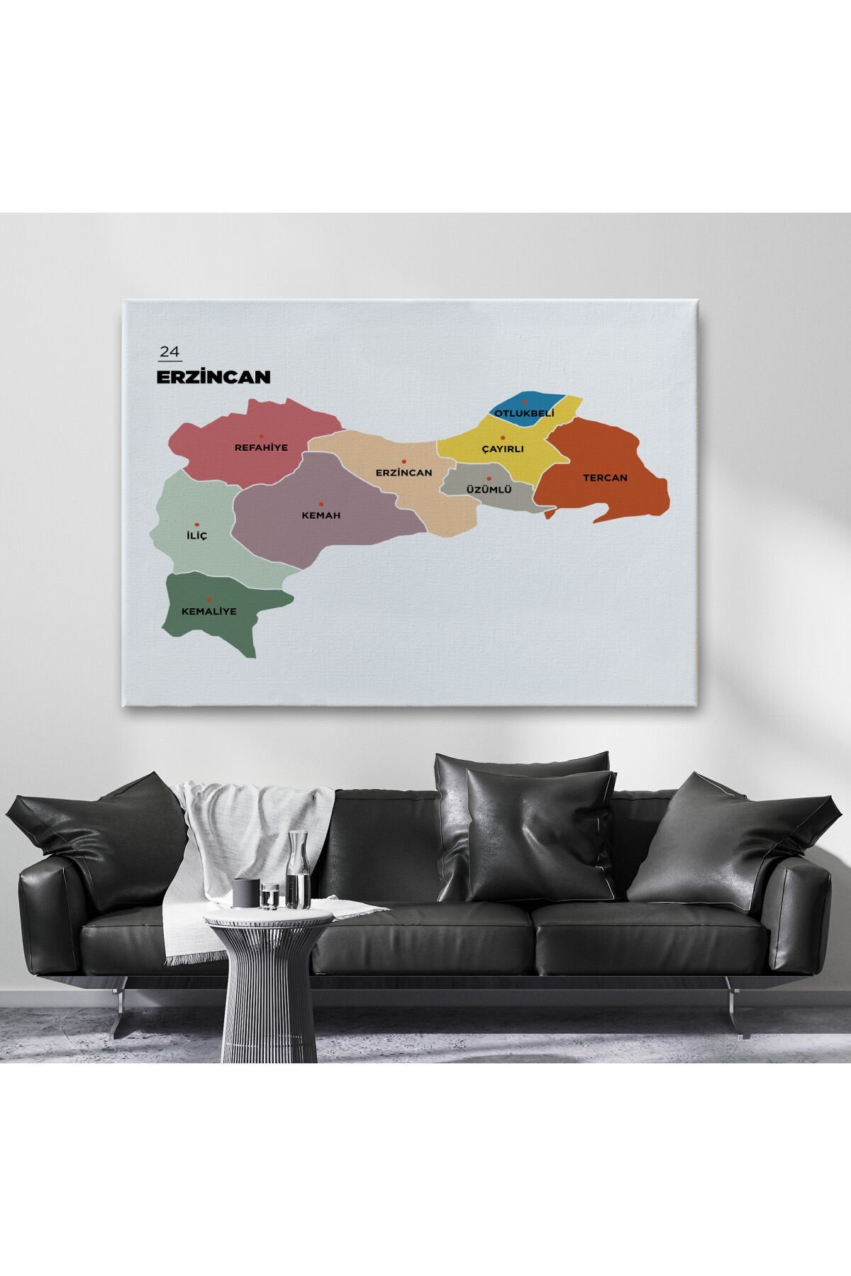 Erzincan İli ve İlçeler Haritası Dekoratif Kanvas Tablo 1334