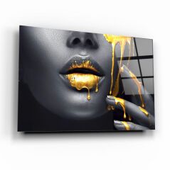 Gold Kadın Dudağı Cam Tablo Özel Tasarım Ofis, Mutfak Çocuk Odası, Salon Dekorasyon