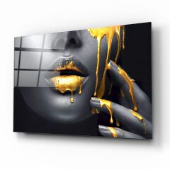 Gold Kadın Dudağı Cam Tablo Özel Tasarım Ofis, Mutfak Çocuk Odası, Salon Dekorasyon
