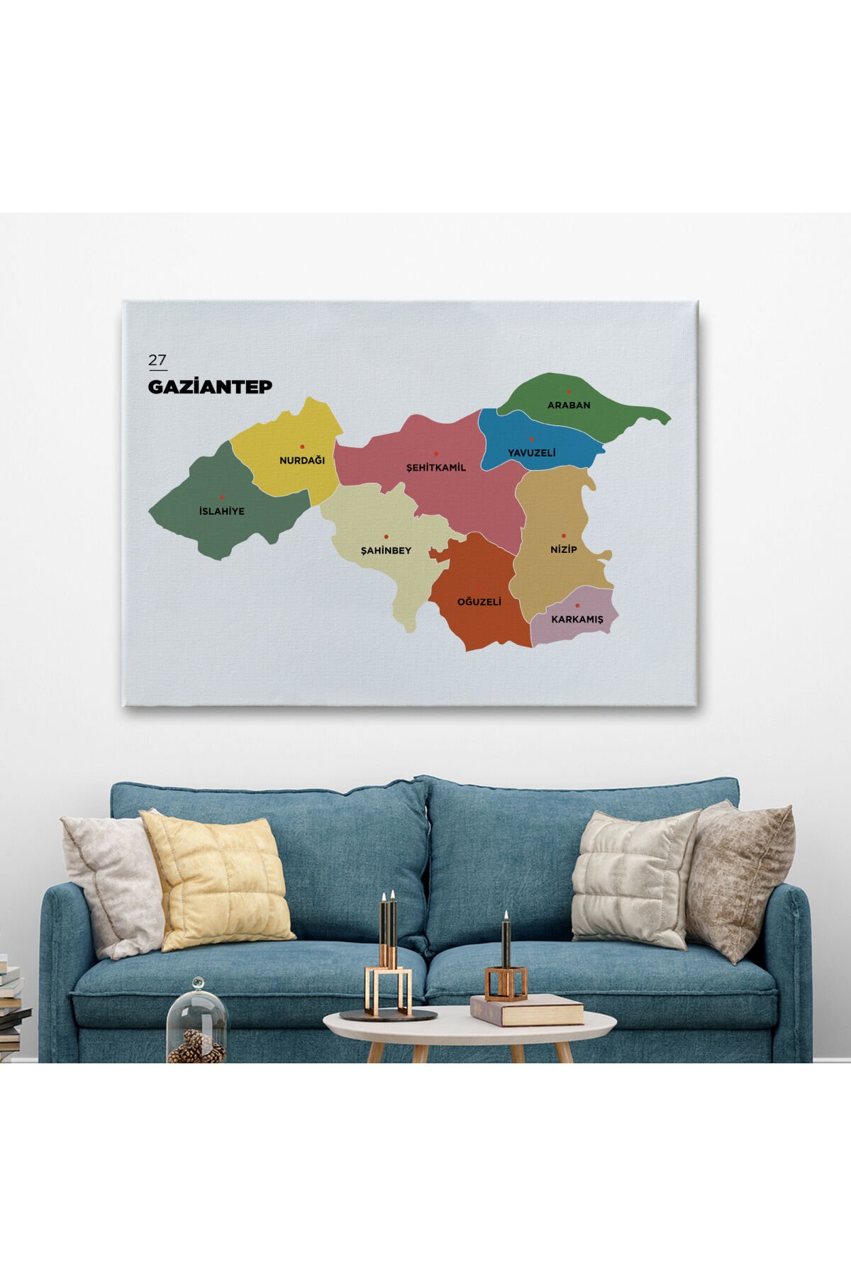 Gaziantep İli ve İlçeler Haritası Dekoratif Kanvas Tablo 1343