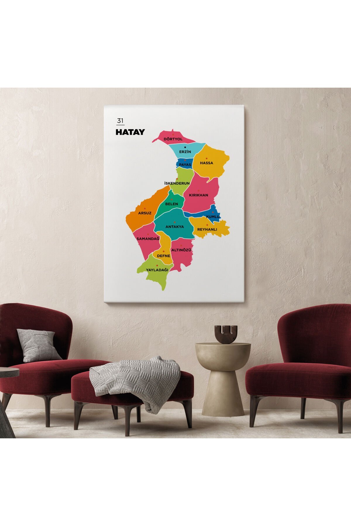 Hatay İli ve İlçeler Haritası Dekoratif Kanvas Tablo 1354