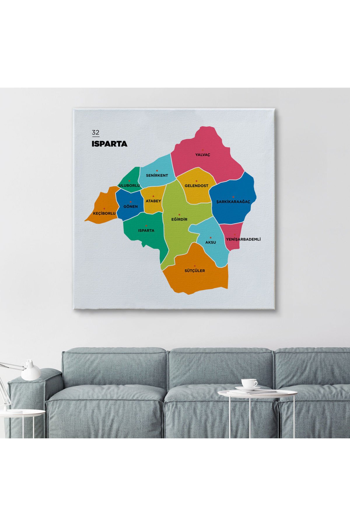 Isparta İli ve İlçeler Haritası Dekoratif Kanvas Tablo 1360