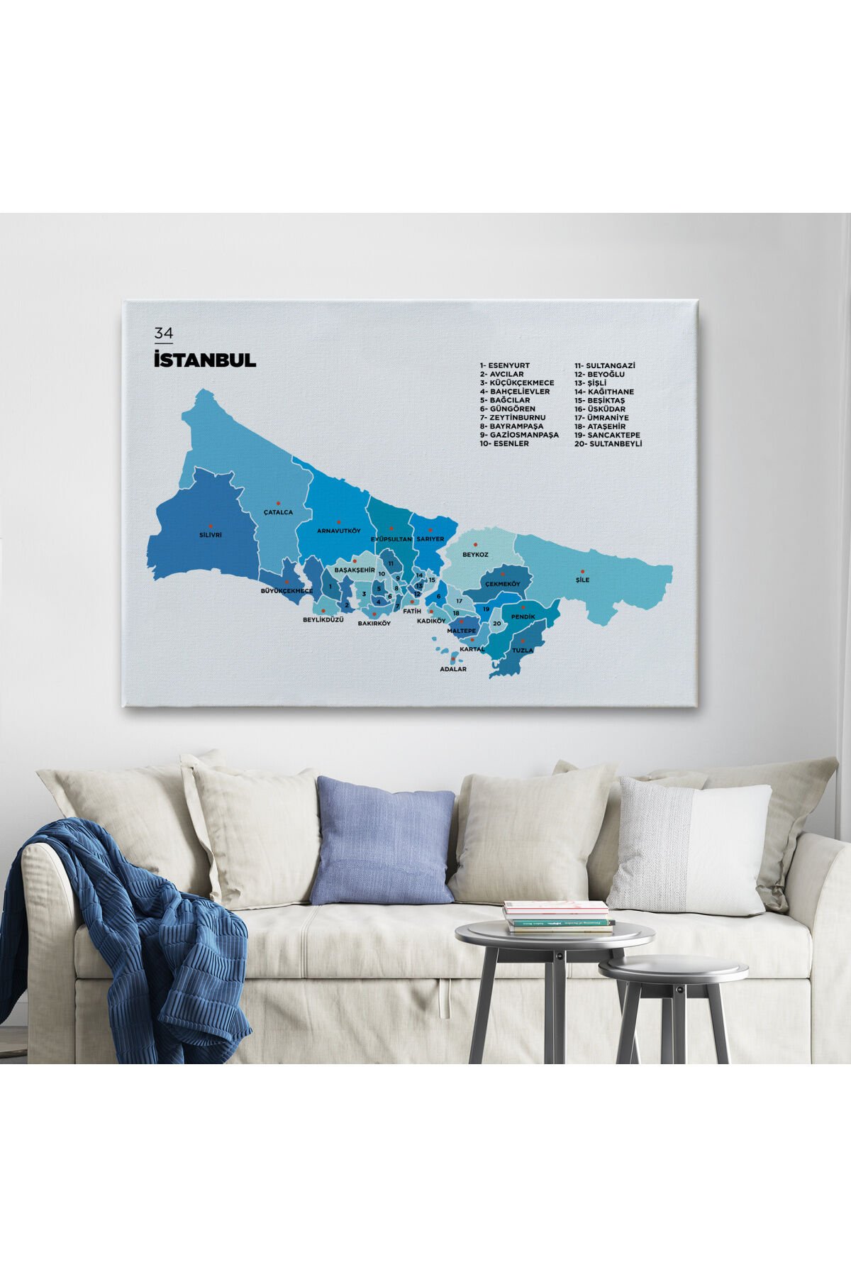 İstanbul İli ve İlçeler Haritası Dekoratif Kanvas Tablo 1366