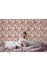 Pembe Çiçek ve Yaprak Desenli Duvar Kağıdı-5587