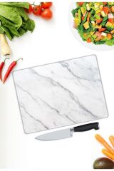 Beyaz Mermer Görünümlü Cam Kesme Tahtası  25 x 35 cm