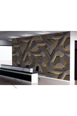 3D Görünümlü Altın Detaylı Geometrik Desen Duvar Kağıdı-5608