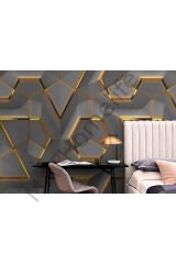 3D Görünümlü Altın Detaylı Geometrik Desen Duvar Kağıdı-5608