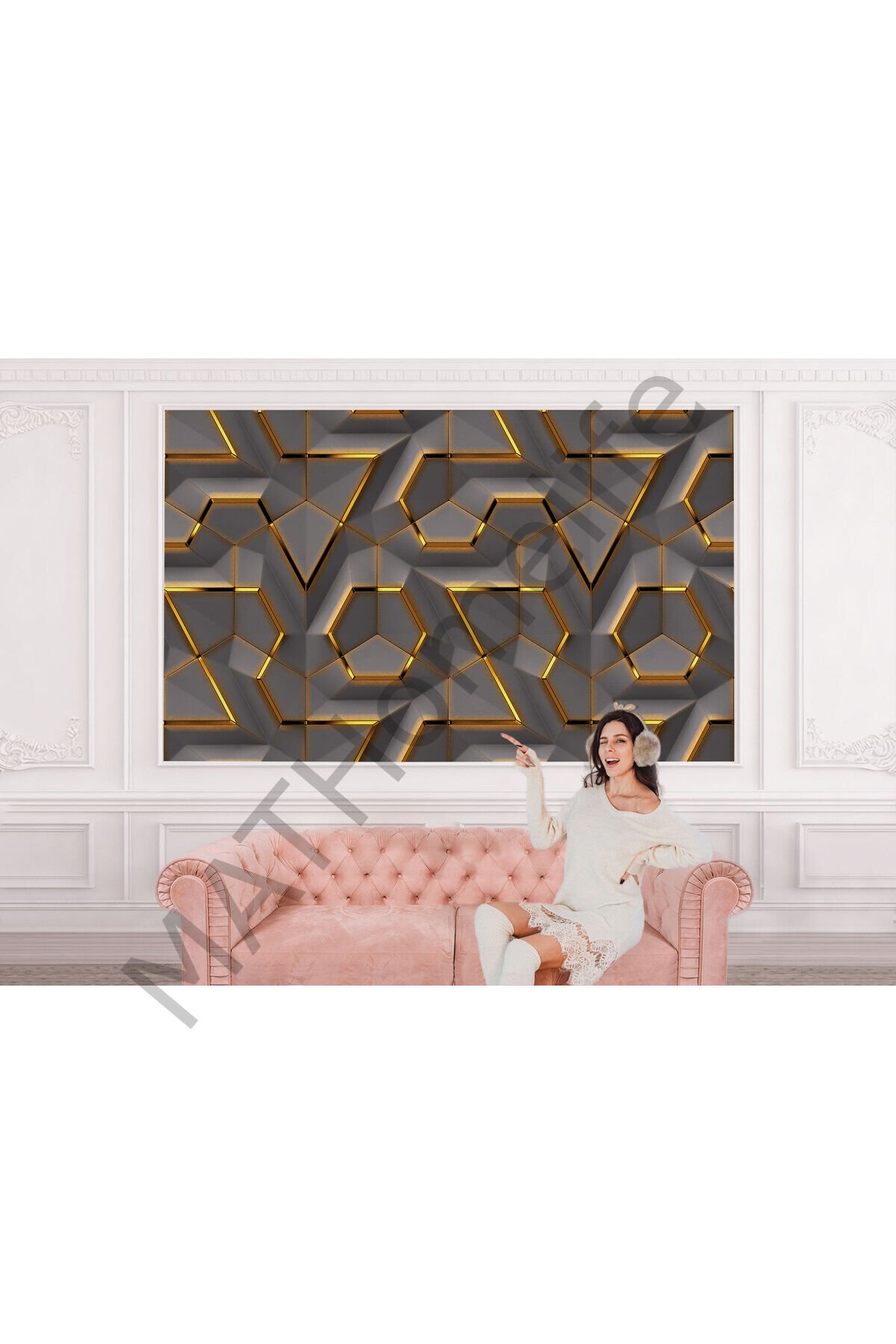 3D Görünümlü Altın Detaylı Geometrik Desen Duvar Kağıdı-5608
