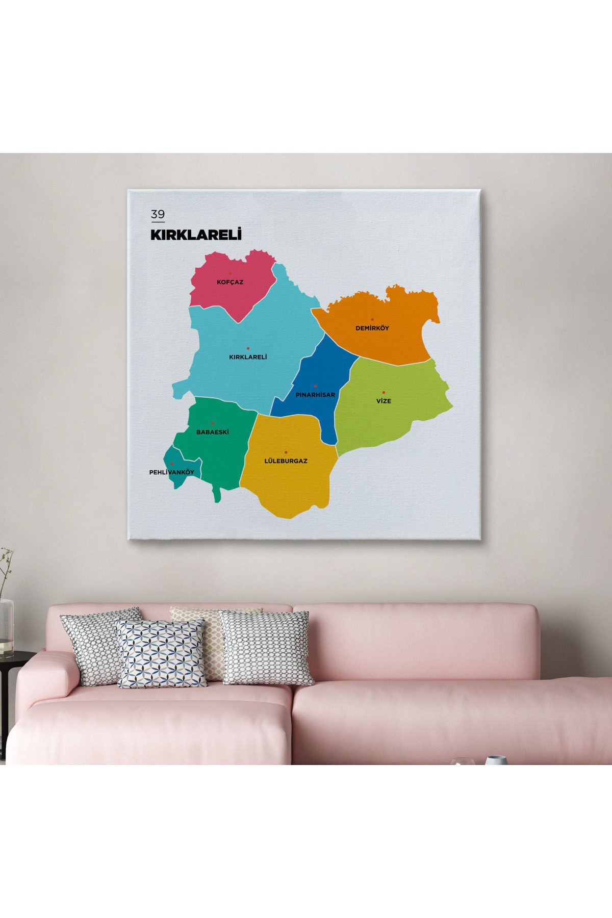 Kırklareli İli ve İlçeler Haritası Dekoratif Kanvas Tablo 1394