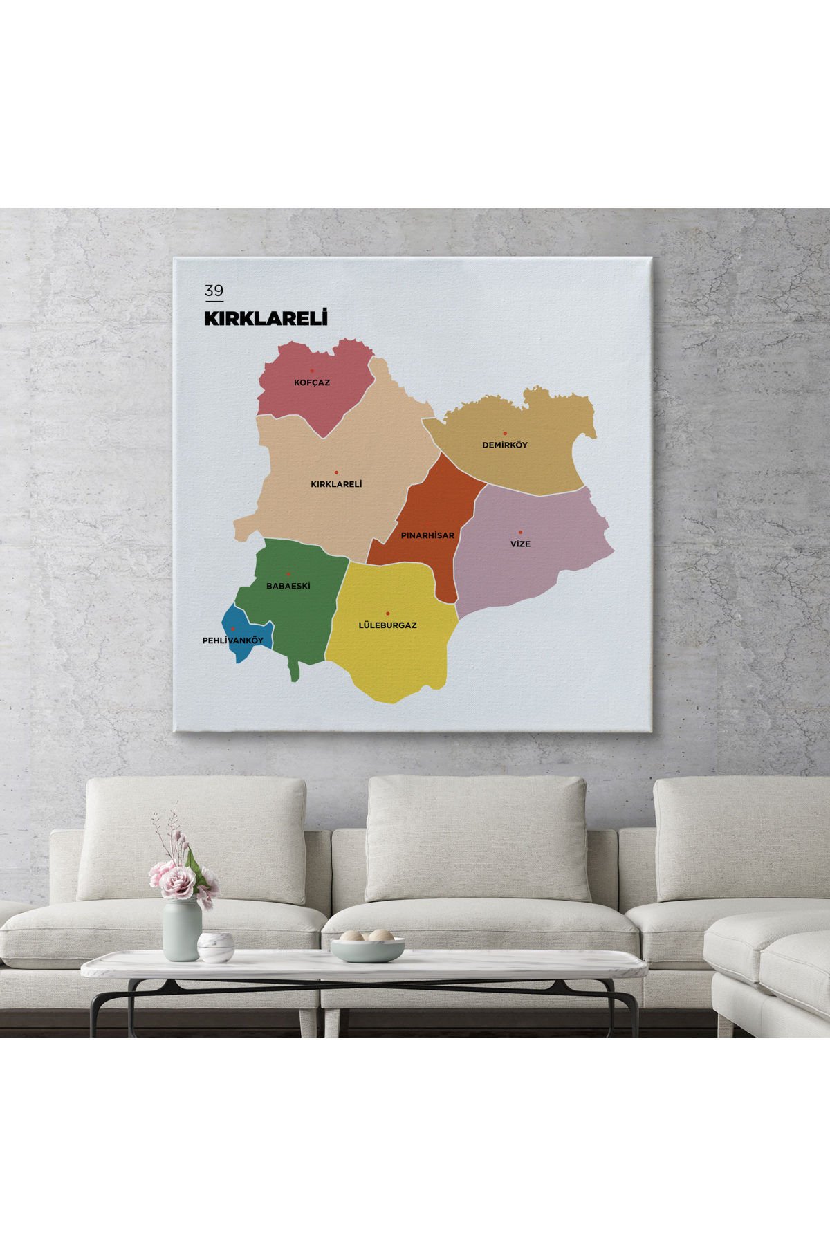 Kırklareli İli ve İlçeler Haritası Dekoratif Kanvas Tablo 1395