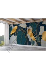 Altın Detaylı Tropical Yapraklar Desenli Duvar Kağıdı-5623