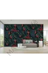 Kırmızı Çiçekli Tropical Ağaç Yaprakları Duvar Kağıdı-5634