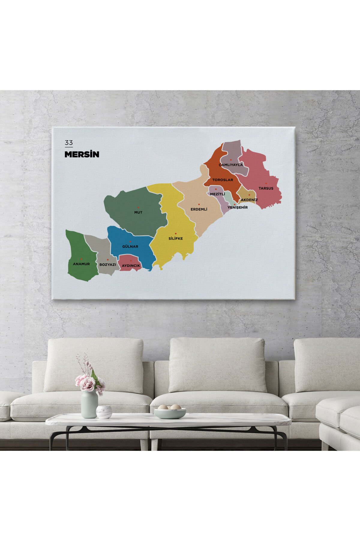 Mersin İli ve İlçeler Haritası Dekoratif Kanvas Tablo 1419