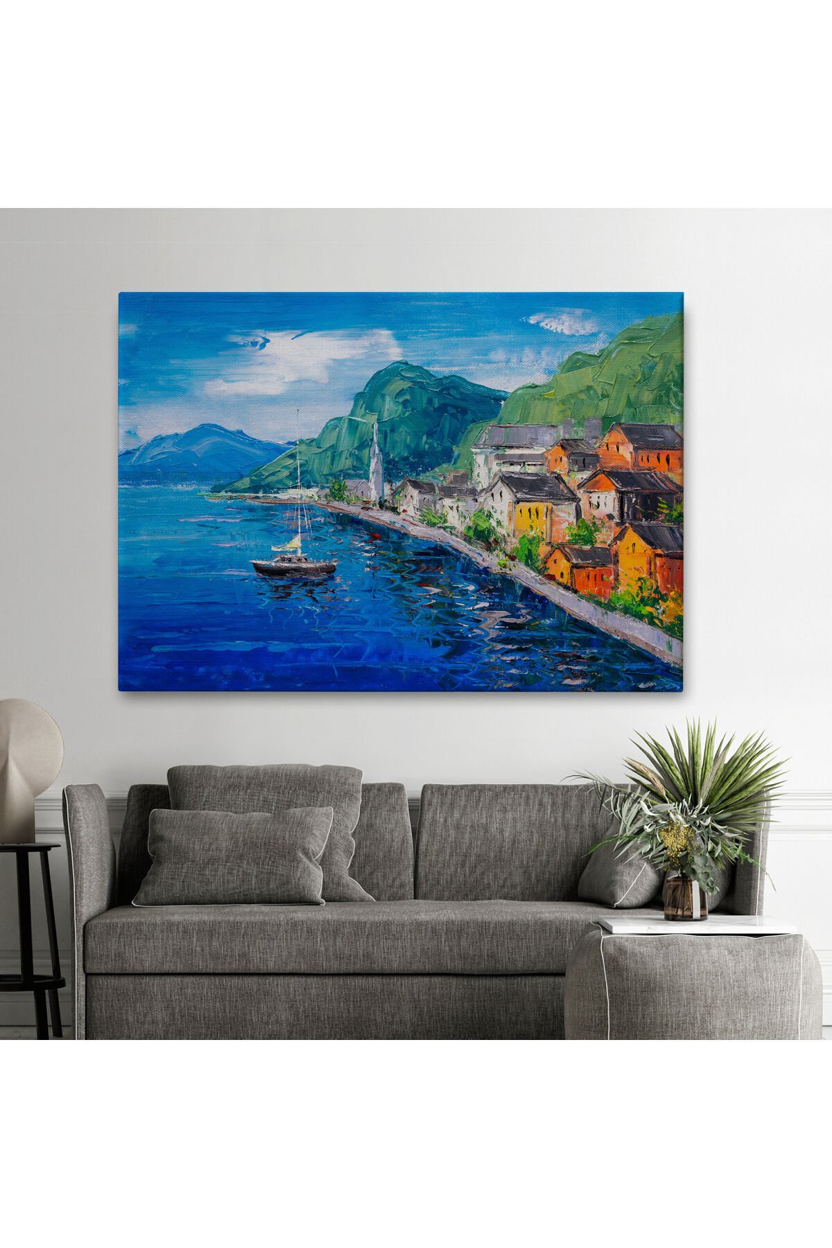 Hallstatt Avusturya Yağlıboya Görünüm Dekoratif Kanvas Duvar Tablosu-3742
